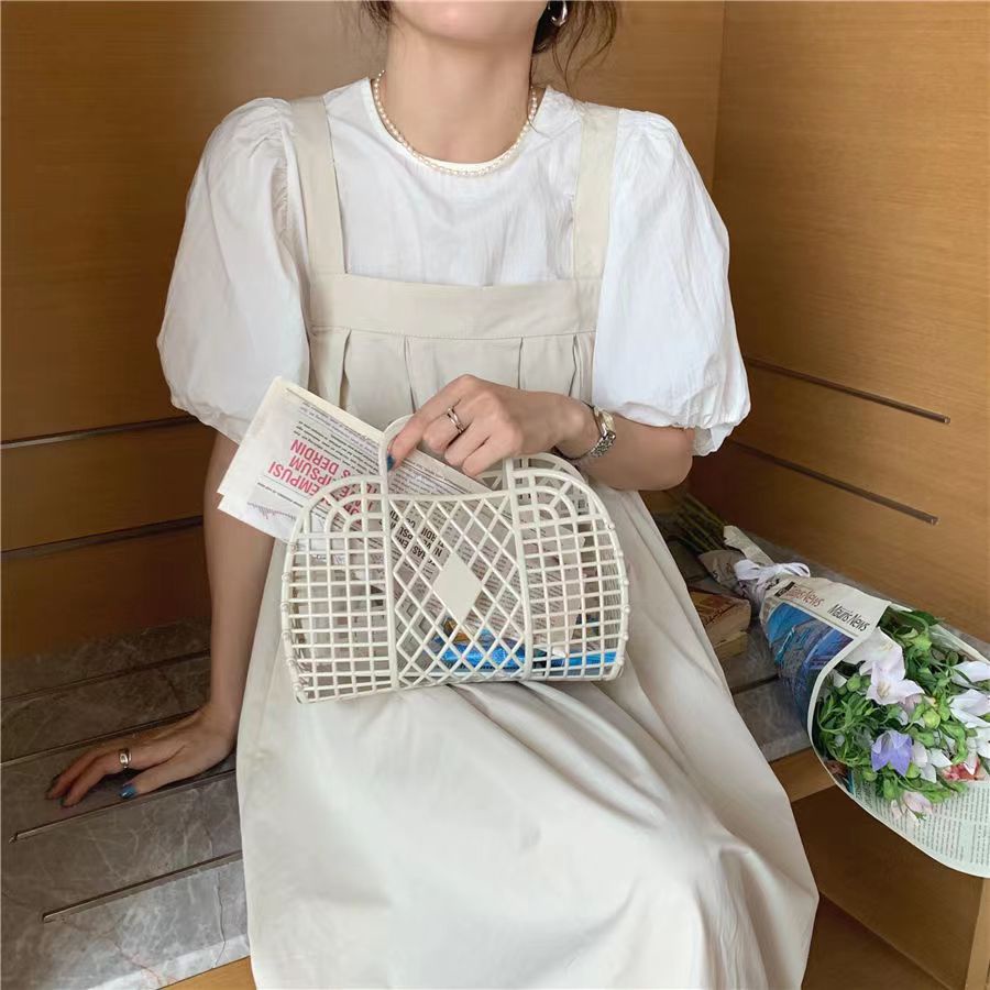 Set Đầm Yếm Dáng Rộng Phối Áo Sơ Mi Tay Phồng Dễ Thương Phong Cách Hàn Quốc Cho Nữ