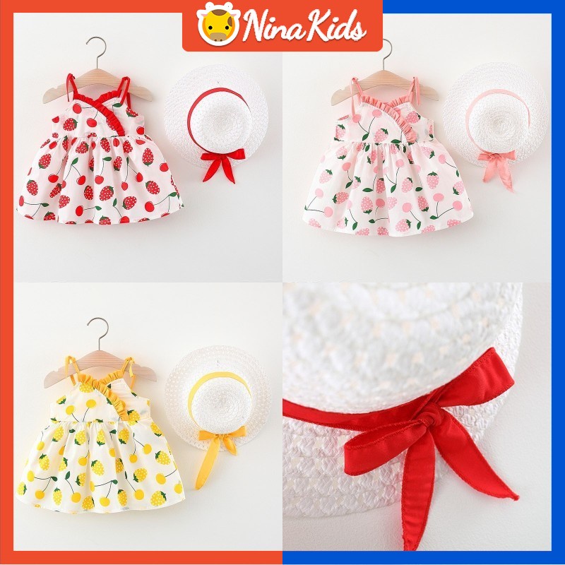 Đầm hai dây Nina Kids in họa tiết trái dâu tây phối mũ vành dễ thương thời trang mùa hè cho bé gái từ 1 - 5 tuổi
