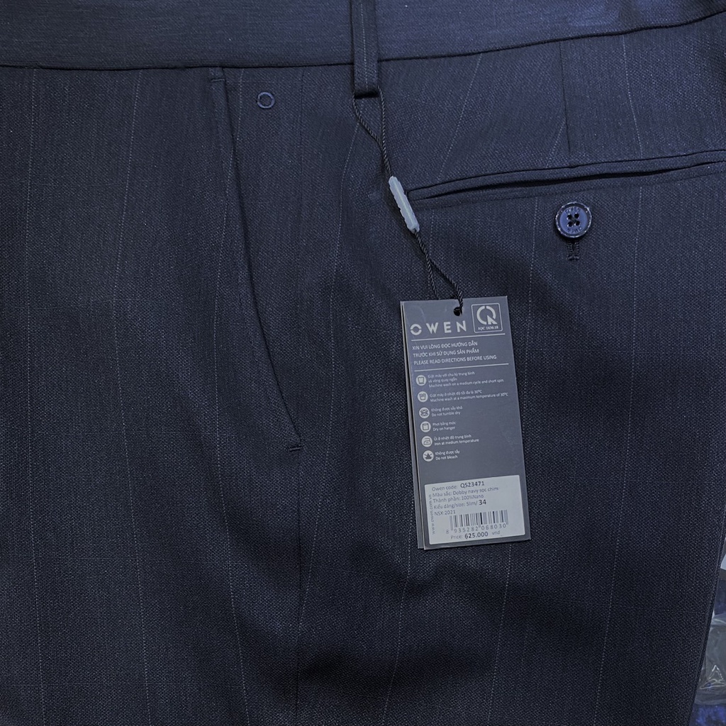 OWEN - Quần âu nam SLIMFIT  màu navy kẻ ô chìm 100% Nano co dãn nhẹ 23471 - Quần tây nam