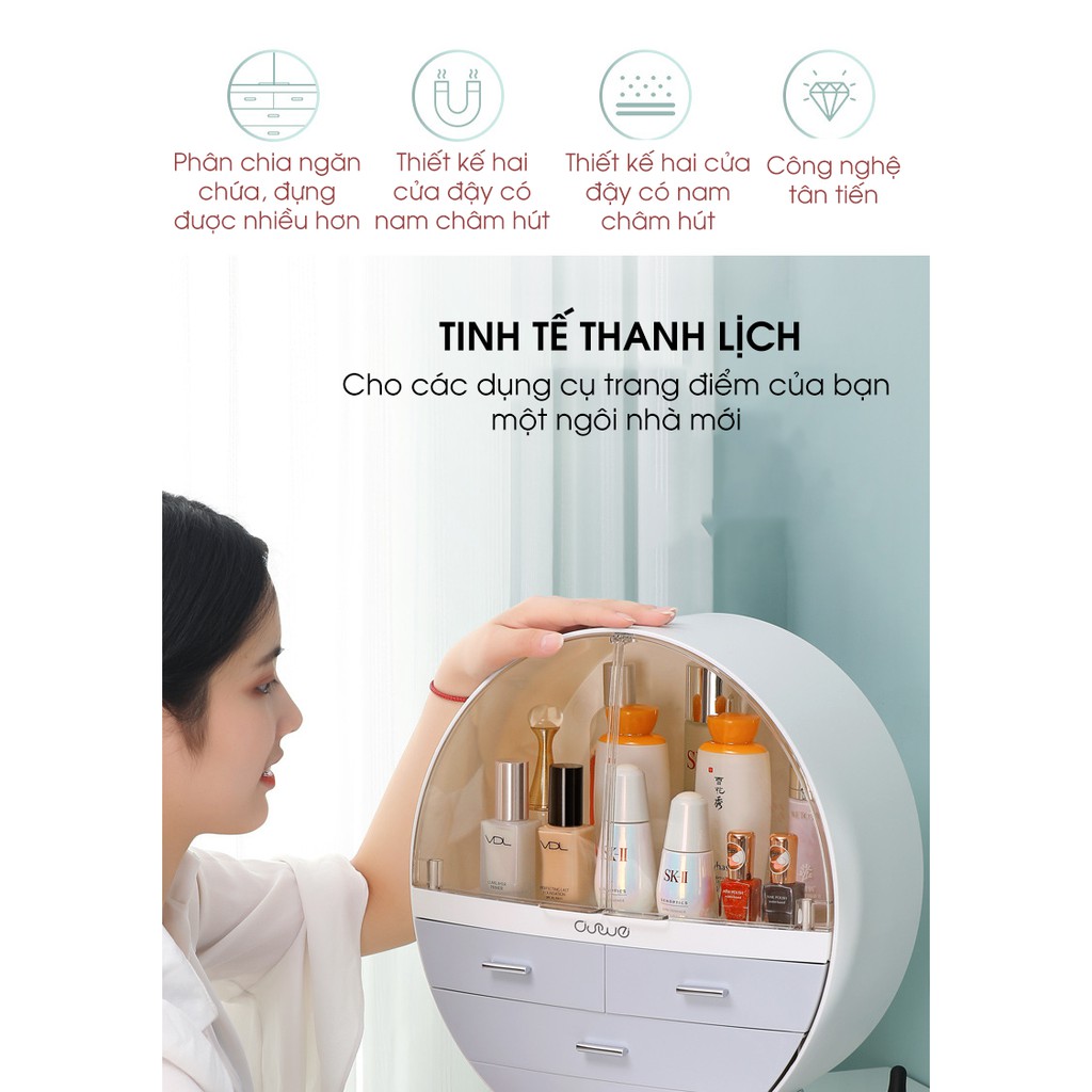 Hộp đựng bảo quản dụng cụ trang điểm trang sức Dạng Tròn 4 Ngăn lớn (màu Xám) - HanruiOffical