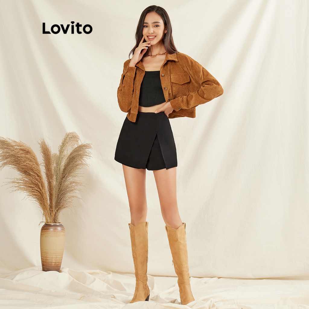 Áo Khoác Lovito Vải Nhung Kẻ Màu Nâu Có Túi Thanh Lịch L31AD030 (Màu nâu)