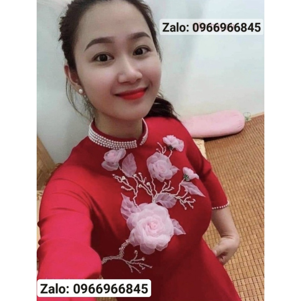 Áo dài màu đỏ lụa mỹ cao cấp đính hoa nổi ở ngực dễ thương - Áo Dài Đan Linh