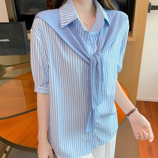 Áo Sơ Mi Chiffon Tay Ngắn Kẻ Sọc Giả Khăn Choàng Thời Trang Mùa Hè Cho Nữ