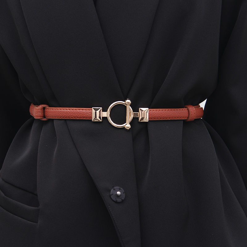 [Spot] Ladies thin belt decorated sweater dress adjustable otclasp all-match high-waist PU artificial leather belt punch-free belt