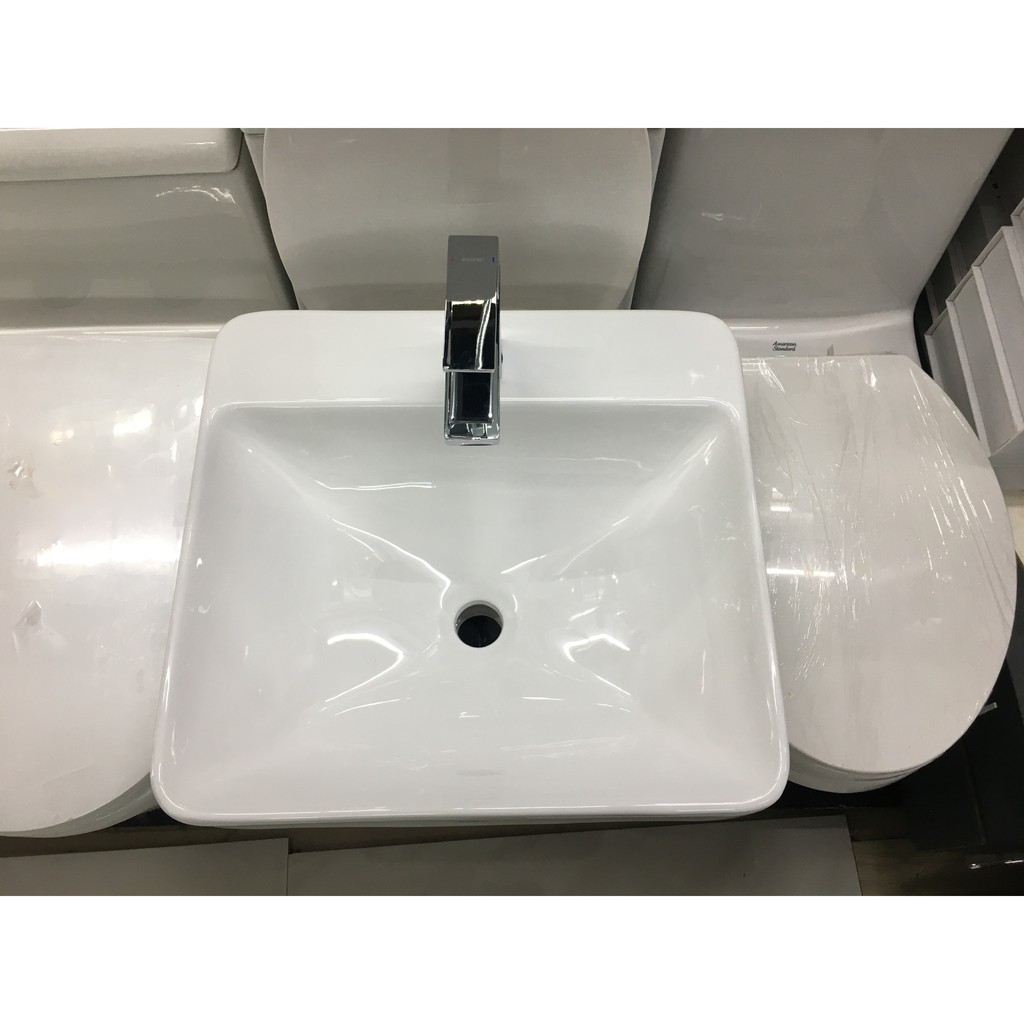 Combo bộ chậu rửa mặt lavabo vuông bán âm đặt bàn đá và vòi một lỗ nóng lạnh Esinc