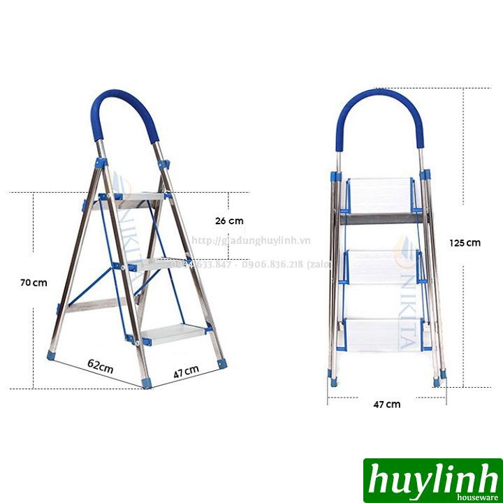 Thang nhôm ghế bản lớn Nikita NKT-DL03 - 3 bậc - 70cm