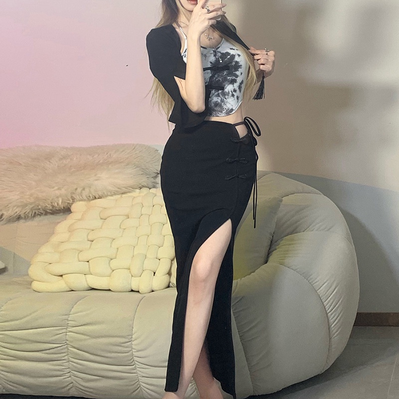 Chân Chân Váy Lưng Cao Xẻ Tà Cột Nơ Thời Trang Đường Phố Cá Tính Cho Nữ