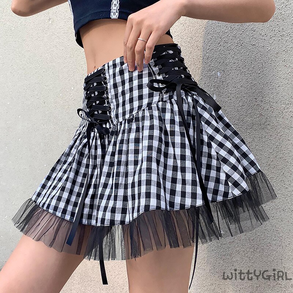 Chân váy lưng cao phối lưới kiểu dáng thời trang cho nữ