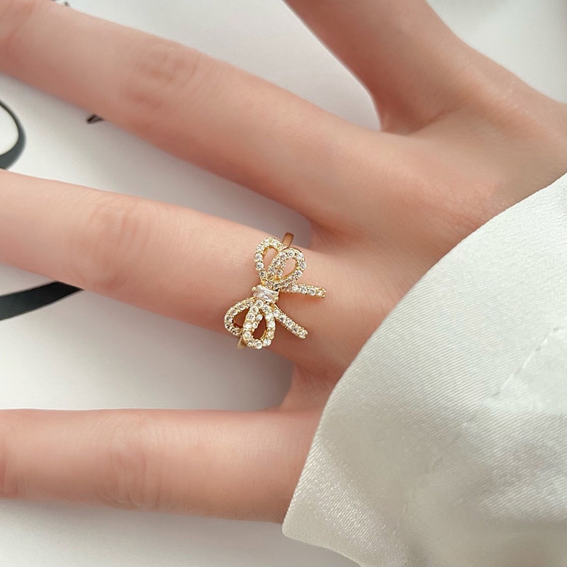 Nhẫn Nơ Đính Đá Zircon Màu Vàng Thời Trang Mới Cho Nữ