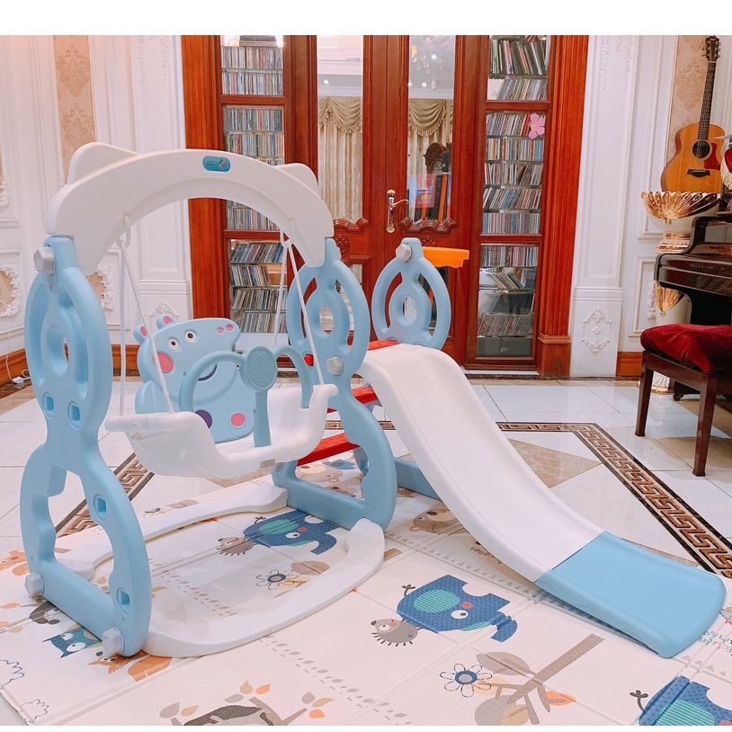 Bộ đồ chơi liên hoàn cầu trượt xích đu hình heo Peppa xanh / hồng có bóng