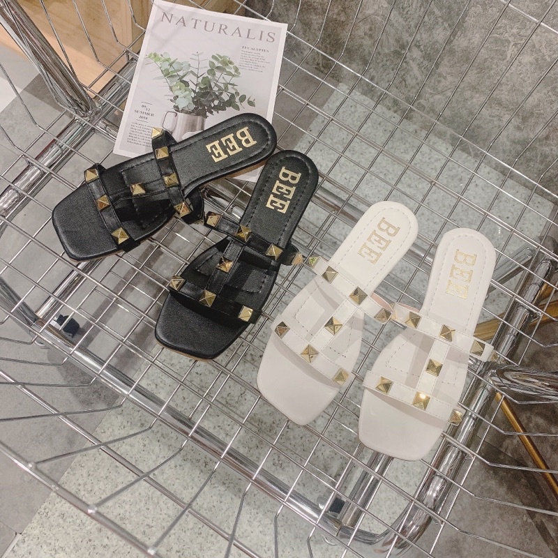 Dép Lê Nữ Dép Đi Biển Mùa Hè Quai Da Đinh Đế Bệt 2 Màu Đen Trắng Hàng Sẵn Kho