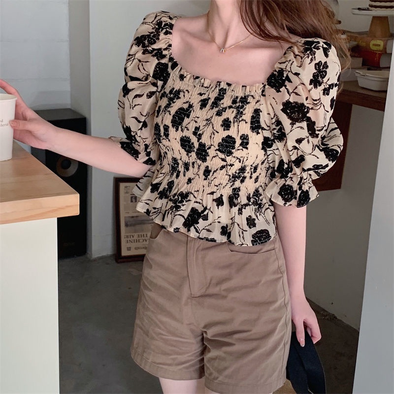 Áo Kiểu Tay Phồng Cổ Vuông Thời Trang Phong Cách Hàn Quốc Cho Nữ