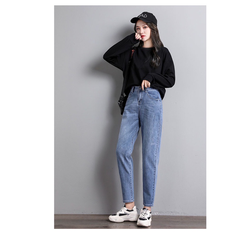 Quần jean dài phom Baggy / boyfriend co dãn mạnh, lưng cao, màu xanh đá hottrend 4088
