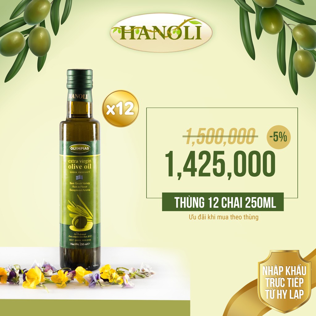 [THÙNG 12 CHAI] Dầu oliu siêu nguyên chất OLYMPIAS extra virgin olive oil 250ml