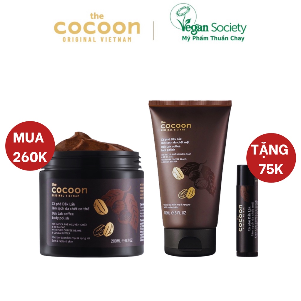 Bộ 3 Cà phê Đắk Lắk tẩy da chết cocoon: Cơ thể 200ml + Da mặt 150ml + Son tẩy da chết môi 5g - Vegan Society