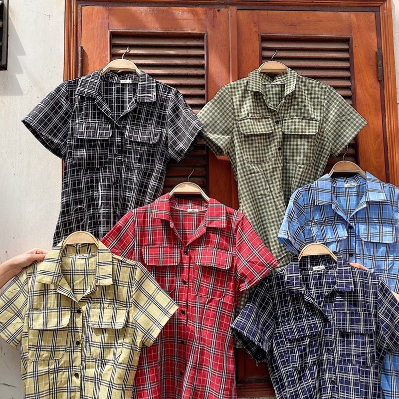 ĐẦM XINH CARO BO THUN Ở SAU LƯNG CỔ SƠMI - ĐẦM SAY DRESS