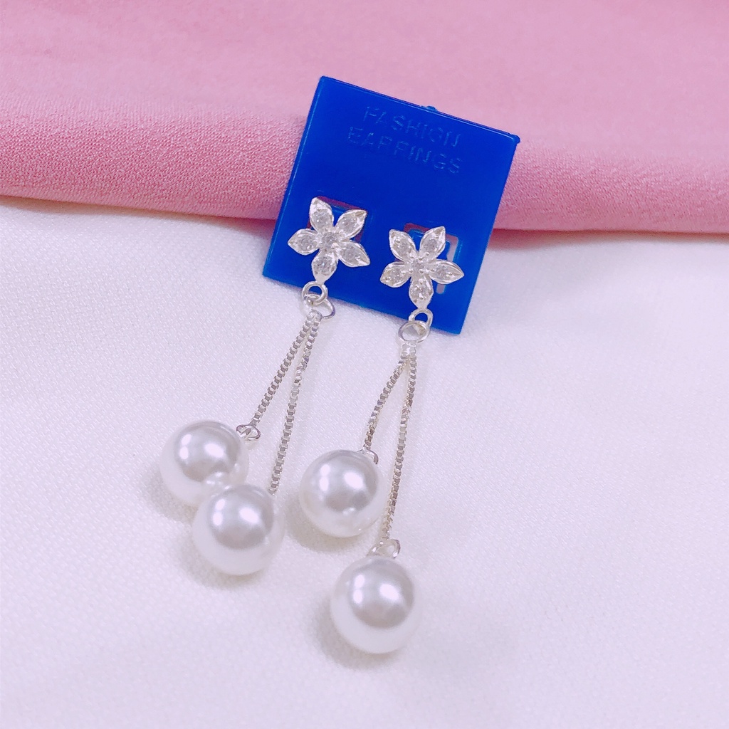 Bông tai hoa đính tua treo hạt dài xinh xắn LINH MIU SILVER