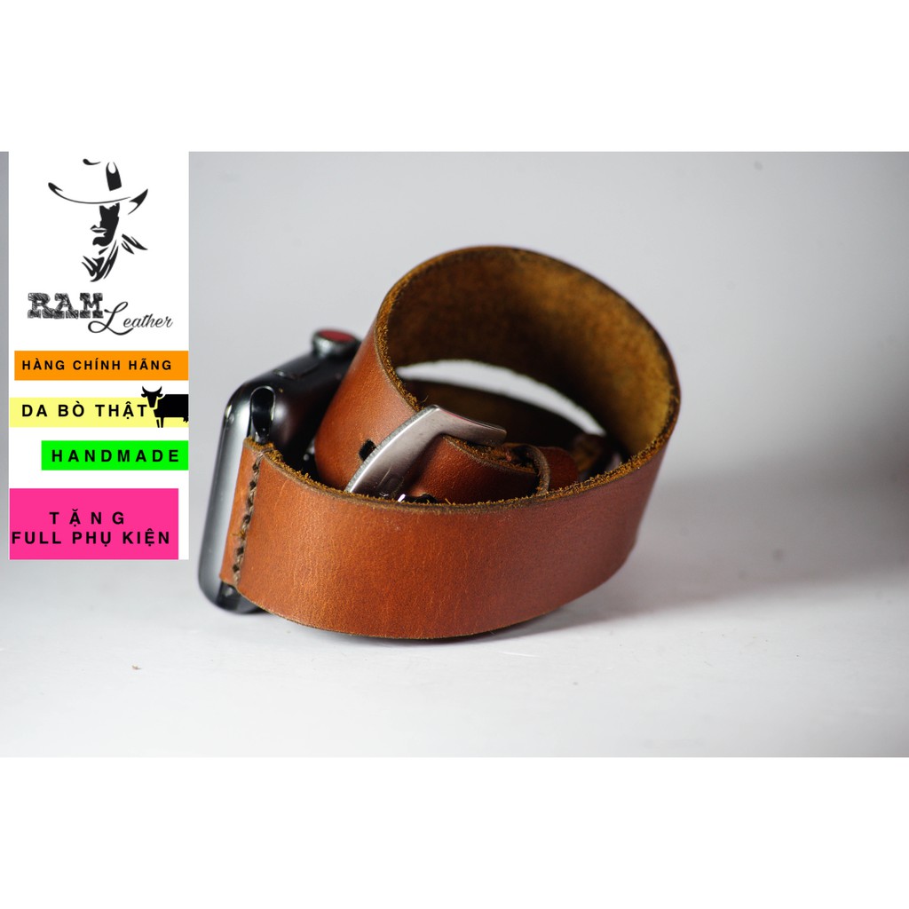 Dây đồng hồ da bò cao cấp màu nâu đỏ RAM Leather doublestrap - tặng khóa chốt và cây thay dây