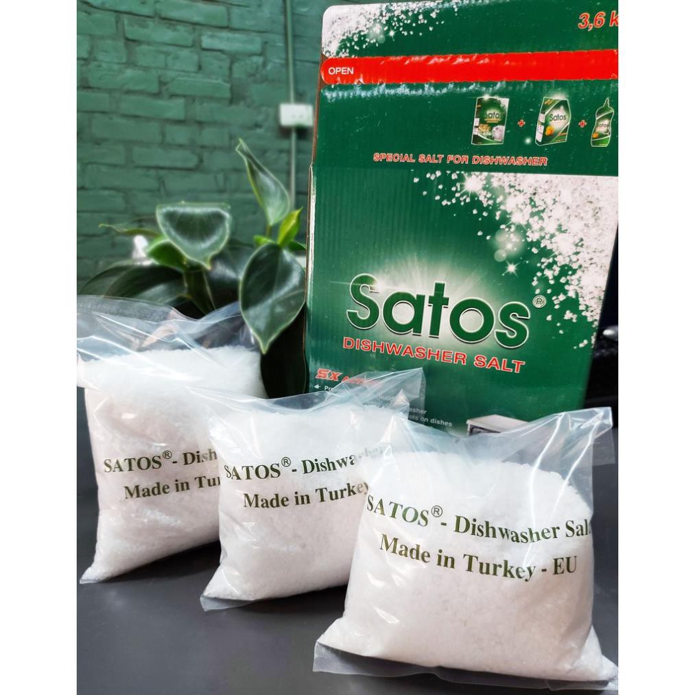 Muối rửa bát Satos 1.5kg dành cho máy rửa bát, với độ tinh khiết 99.4%, đạt tiêu chuẩn hạng A của Thổ Nhĩ Kỳ