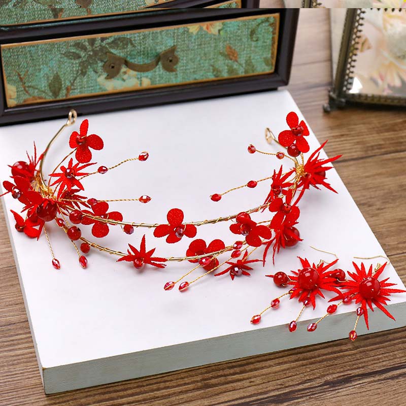 Cài tóc hợp kim thiết kế hoa đỏ phong cách Trung Hoa cổ điển cho cô dâu