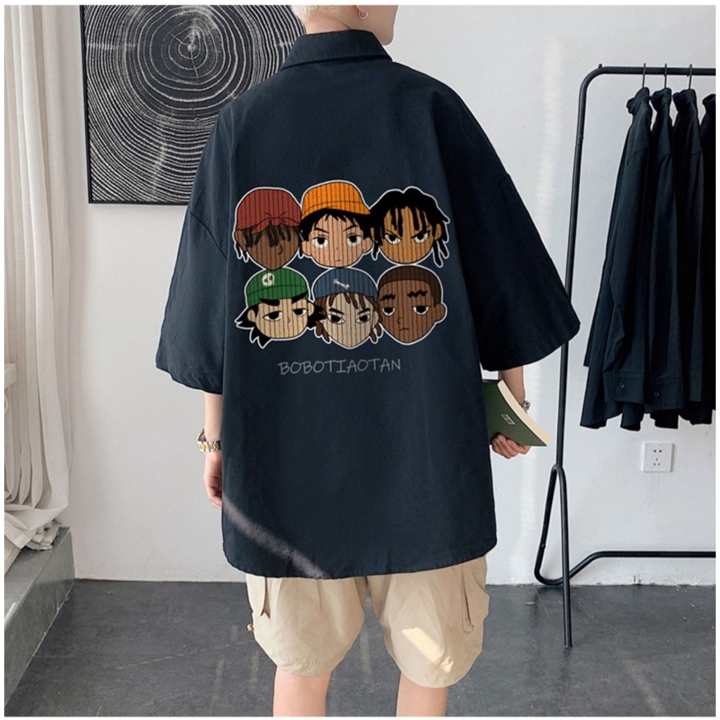 Sơ mi nam tay ngắn from rộng unisex nam nữ , sơ mi nam nữ vải voan lụa mịn mát free size 40kg - 70kg in nhân vật