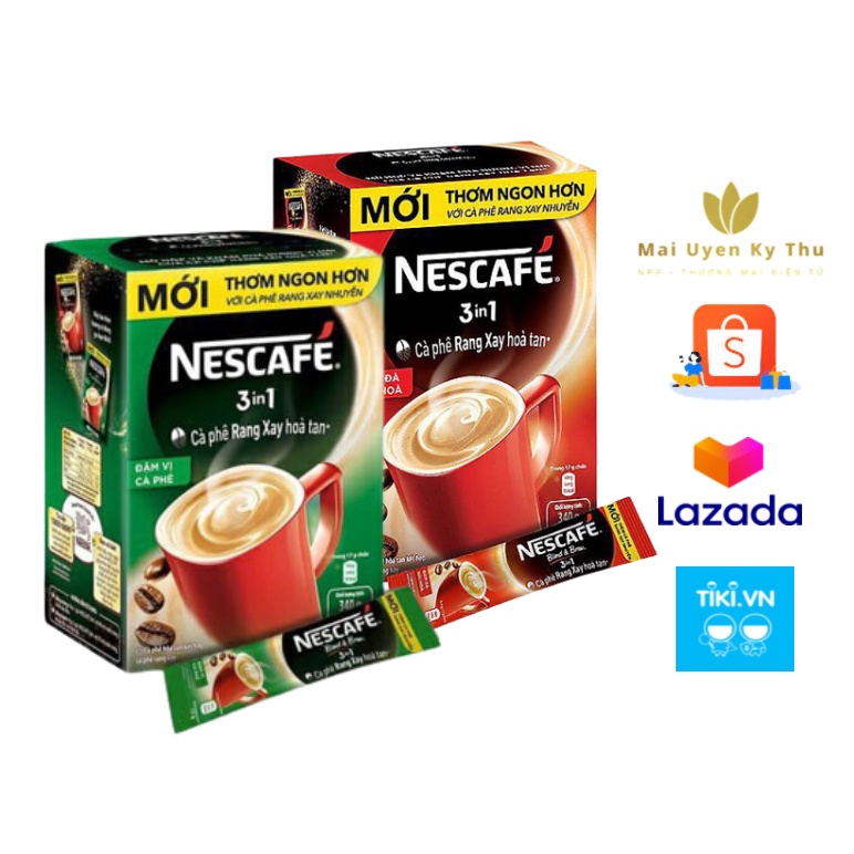 Nescafé 3in1 cà phê rang xay hòa tan đậm đà hài hòa (Đỏ) / Đậm vị cà phê( Xanh) (Hộp 20 gói x 17g)