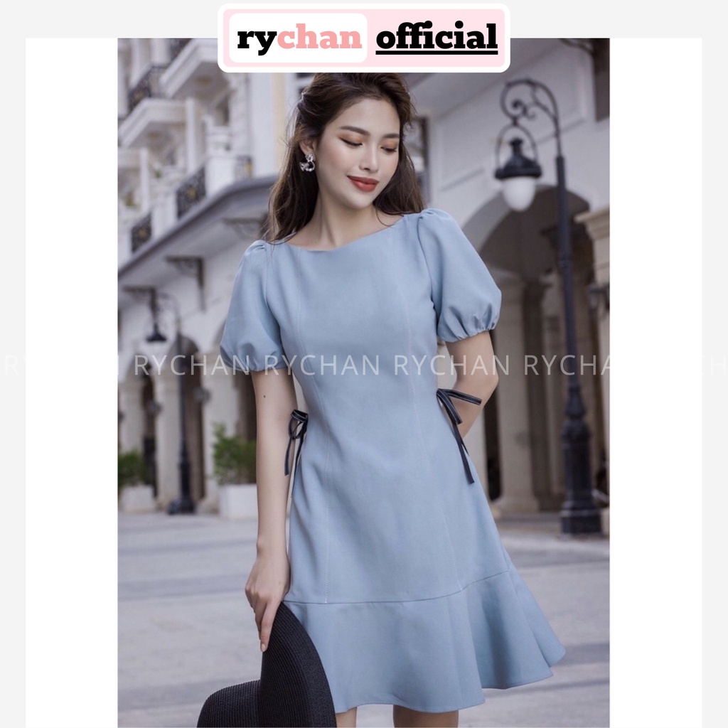 [ẢNH THẬT CUỐI] Đầm Xoè Xám Xanh Nơ Eo Tay Phồng Đuôi Cá - DX059