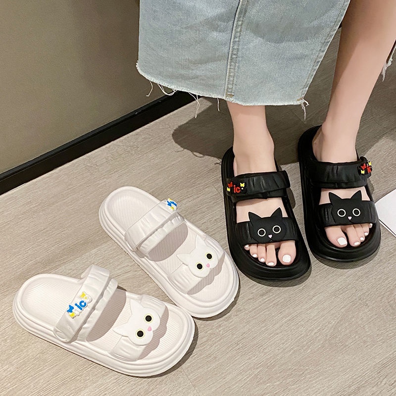 Dép sandal nữ, dép quai hậu nữ đế cao 4cm gắn sticker mặt mèo dễ thương