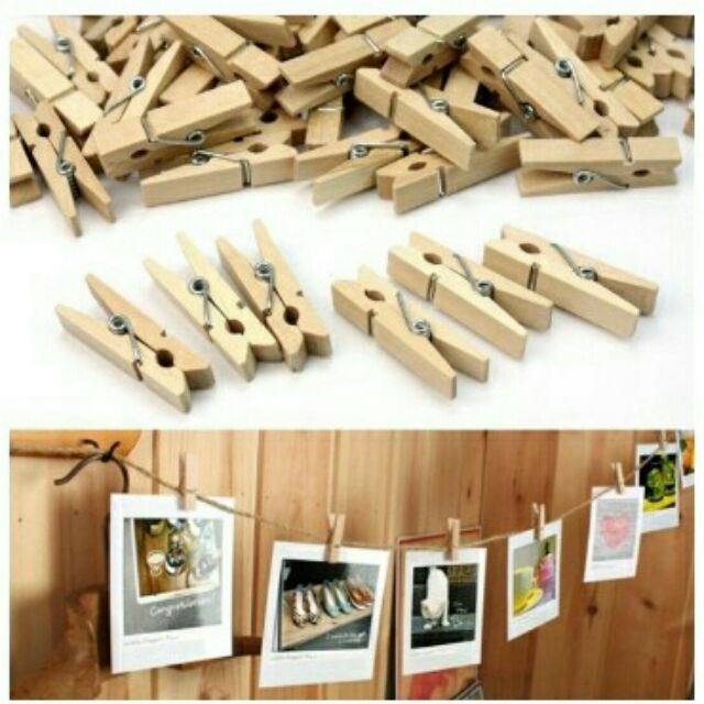 Kẹp gỗ trơn kèm dây (size 3,5cm x 0,7cm) - Set 30 chiếc