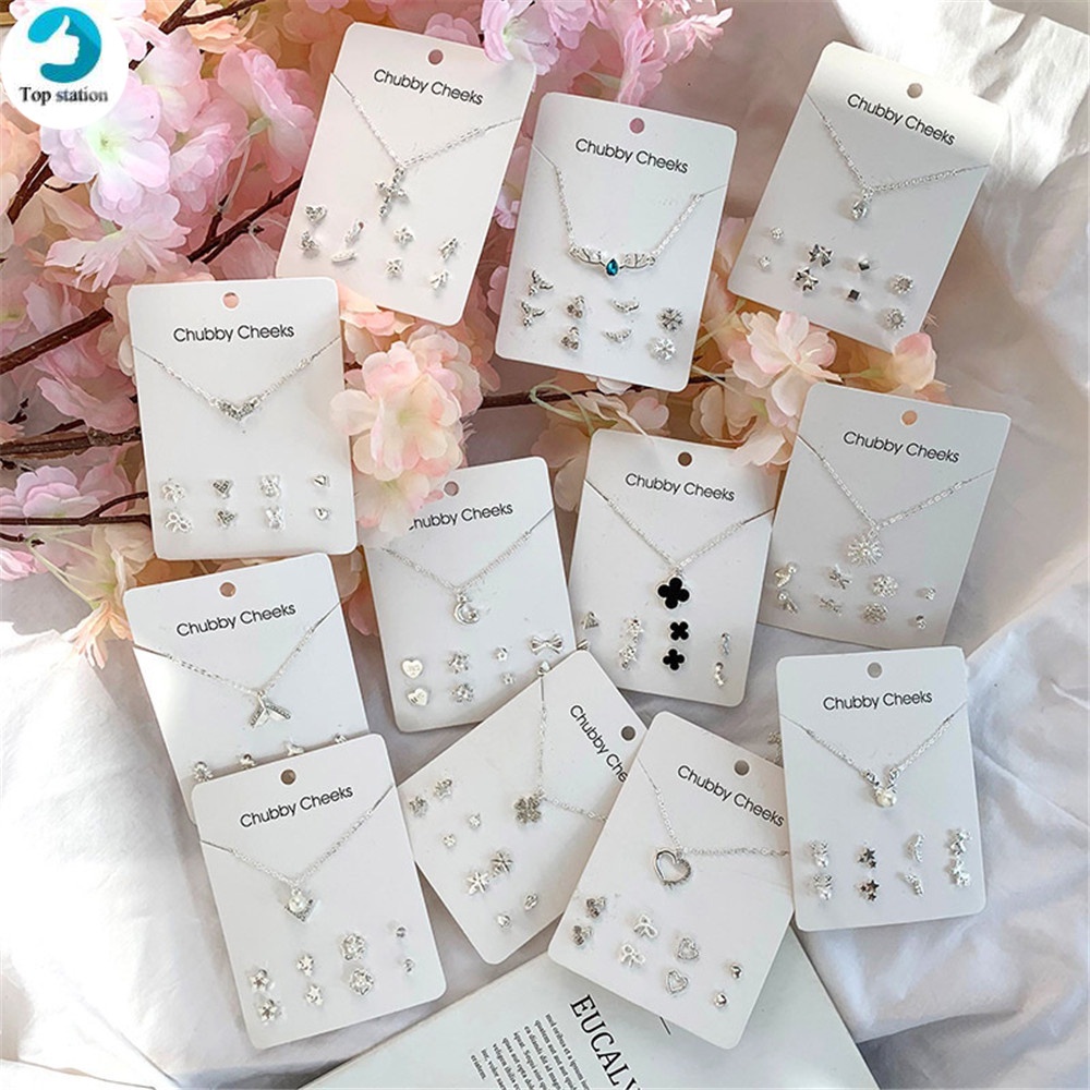 Bộ Vòng cổ + Bông Tai Hình Cỏ Bốn Lá / Trái Tim / Ngọc Trai Ngọt Ngào Kiểu Hàn Quốc