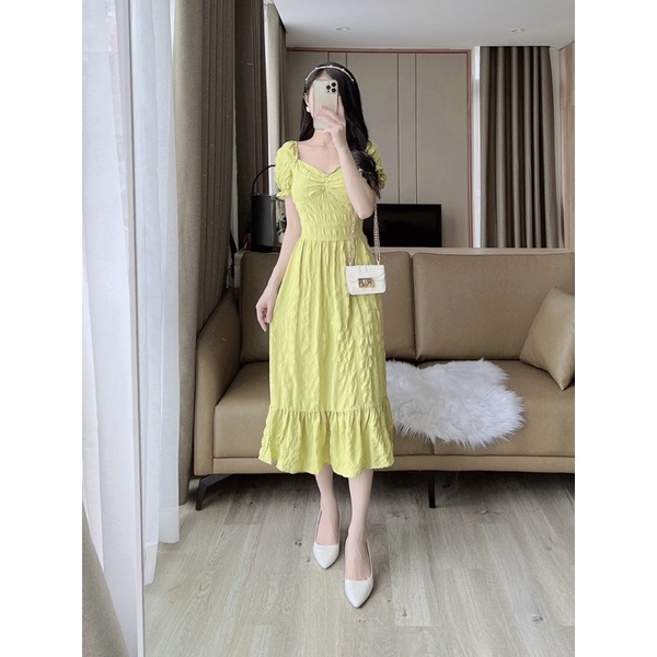 Váy thiết kế đũi ô xốp dúm ngực tay bồng dáng dài đuôi bèo tiểu thư