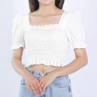 Áo Ulzzang Peplum MaoMao nhún ngực tay phồng Hàn Quốc, Áo peplum trắng bẹt vai tôn dáng cao cấp C40