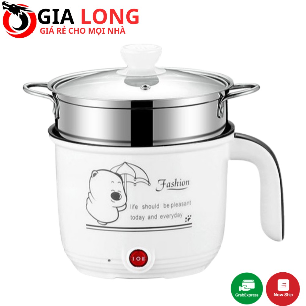 Nồi Lẩu Điện Mini Kèm Giá Hấp, Ca Nấu Mì Nấu Cơm Đa Năng Có Tay Cầm 1,8L - 2 Nấc Nhiệt Mẫu Mới 2022