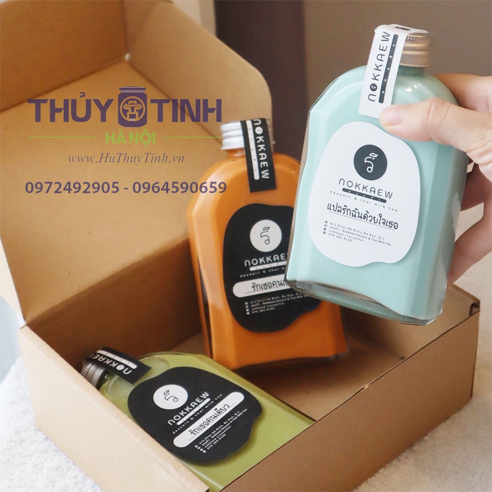 Chai thủy tinh dẹt vai vát đựng cà phê, trà sữa các dung tích 100ml, 250ml, 350ml, 500ml