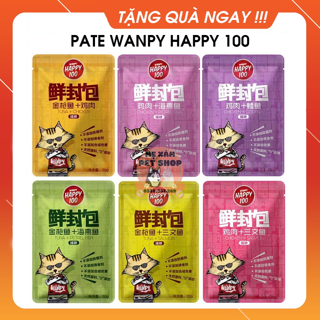 Pate Cho Mèo Wanpy Happy 100, Mix Vị Thơm Ngon, Giàu Chất Dinh Dưỡng, Bổ Sung Nước Cho Mèo, Gói 70gr