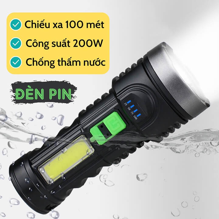 Đèn pin cầm tay chống nước chiếu xa, đèn pin led sạc tích điện 4 chế độ sáng, có COB đèn cạnh, đèn pin siêu sáng