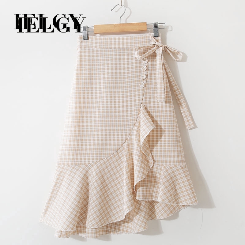 Chân váy midi IELGY đắp chéo lưng cao họa tiết sọc caro thiết kế độc đáo phong cách Hàn Quốc thời trang cho nữ | BigBuy360 - bigbuy360.vn