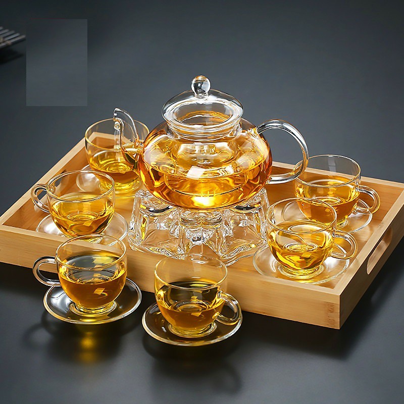 Bộ ấm trà thủy tinh chịu nhiệt, kèm khay trúc BAT 1221 kèm đĩa lót ly