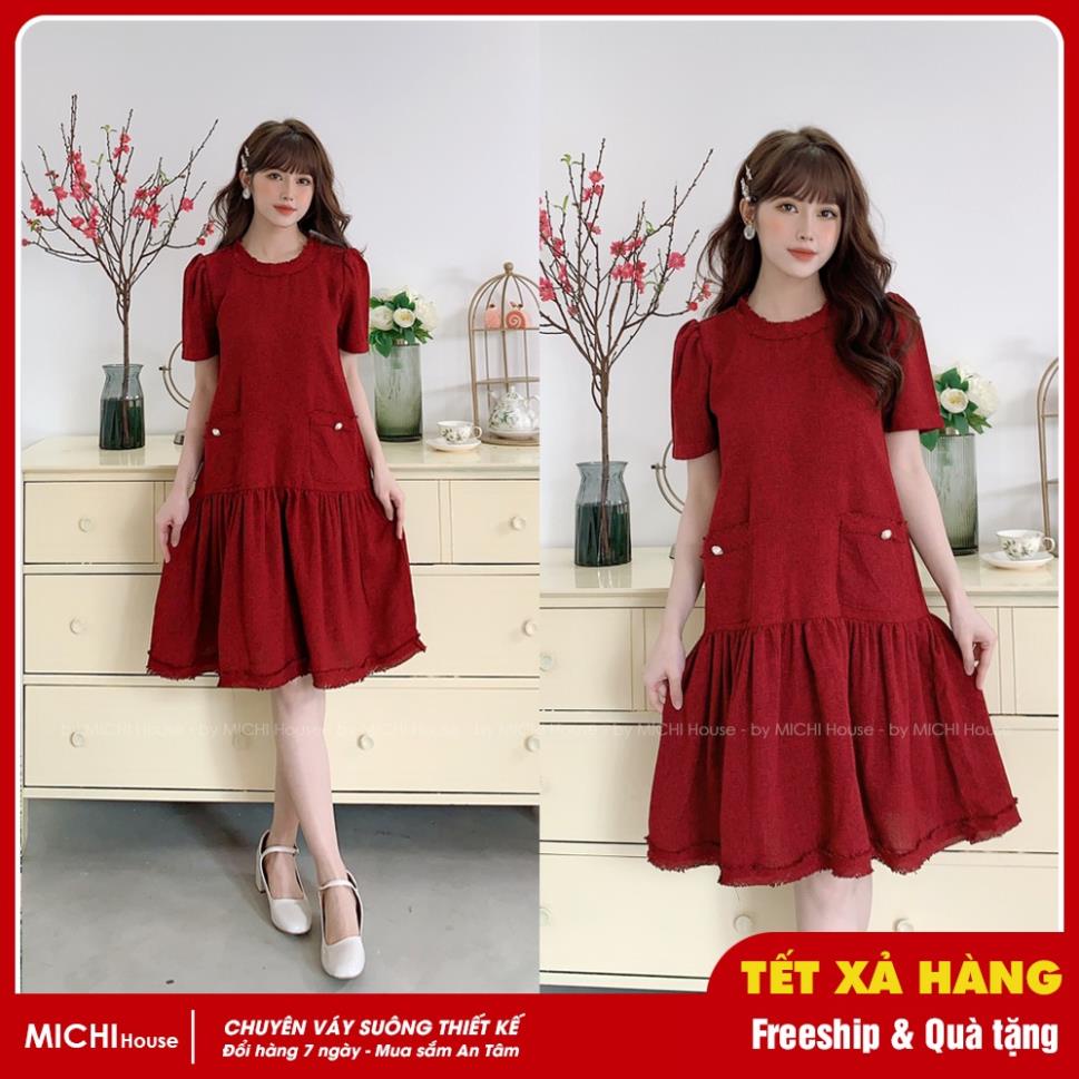 Đầm Dáng Suông Dạ xước Freesize V71 MICHI House Thiết kế Phom Xuông Rộng Ngắn Tay Kèm Túi Trước Váy Bầu Xinh M_*6