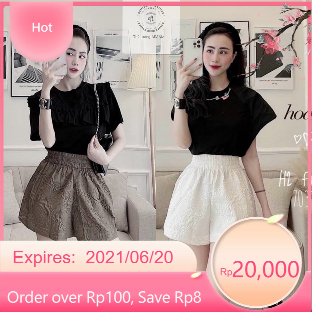 Quần short nữ ống rộng lưng cao cạp thun chun có túi in phồng hoa nổi - Quần đùi nữ mặc ở nhà
