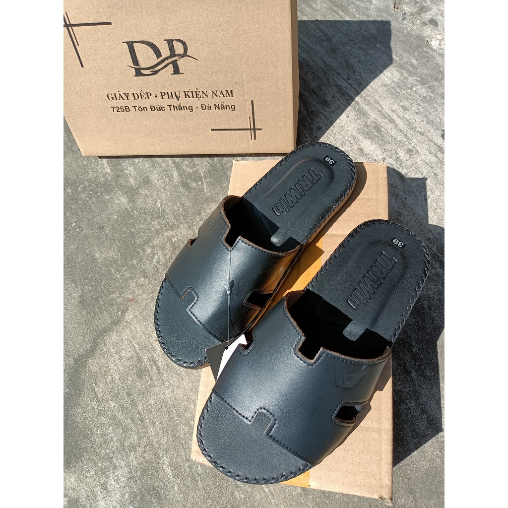 Dép Da Nam Cao Cấp Quai Ngang Chữ H Màu Đen Sang Trọng Quý Phái
