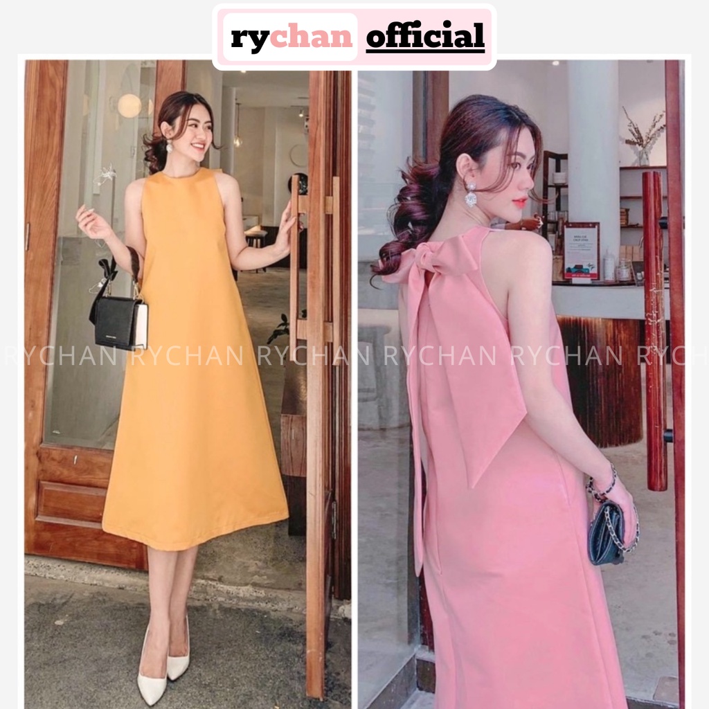 Đầm Thiết Kế Dự Tiệc Cổ Yếm Thắt Nơ Bản Cực Lạ To Dáng Suông Thanh Lịch Màu Hồng Vàng -  DX9892