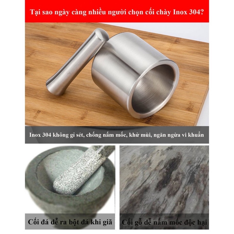 Bộ Chày Cối Inox 304 Cao Cấp, Chày Giã Nghiền Thức Ăn Thực Phẩm Bằng Inox