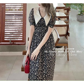 ĐẦM MIDI HOA ĐEN CỔ TRẮNG NHỌN