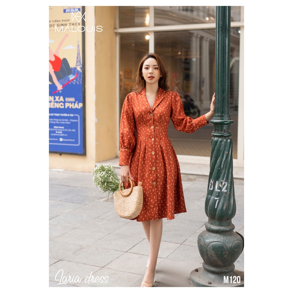 Váy cổ vest hoa nhí tay dài kiểu vintage - M120