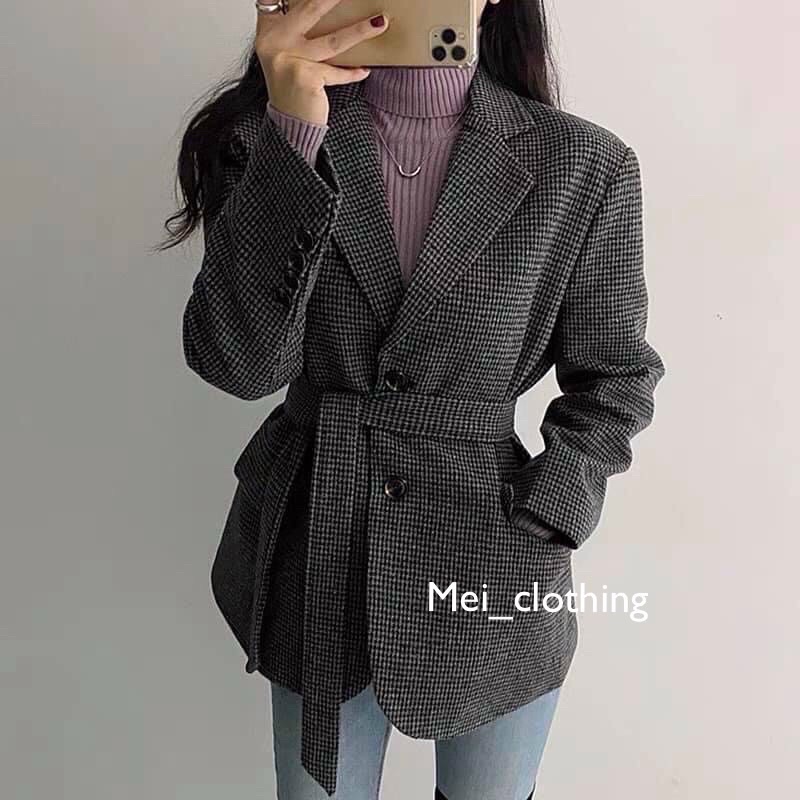[Ảnh thật/video] Áo blazer 2 lớp đính cúc tay kèm đai/ vest dạ 2 lớp trendy