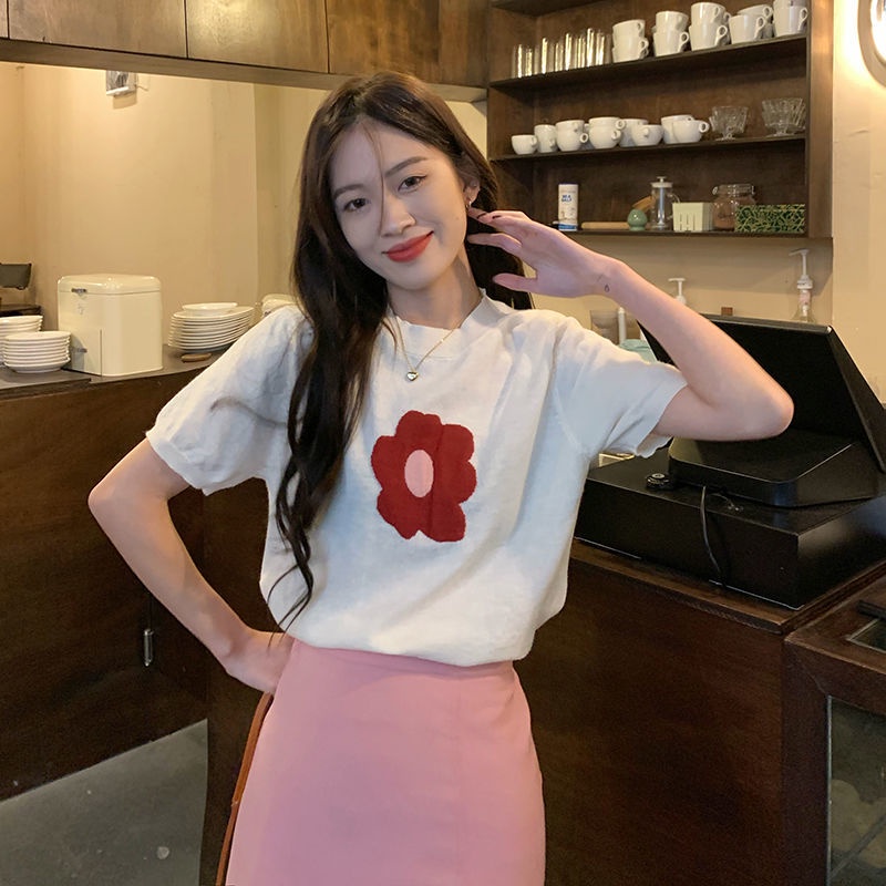 Áo thun COZOKC dệt kim tay ngắn dáng ôm in họa tiết hoa thời trang mùa hè cho nữ