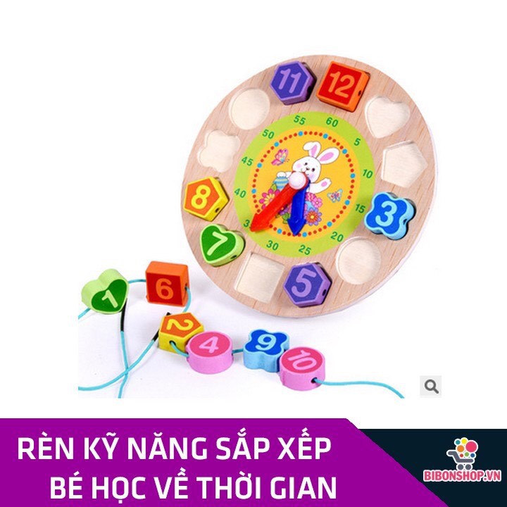 Đồ Chơi Gỗ Đồng Hồ Xâu Hạt Cho Bé Học Hình Khối Màu Sắc Và Thời Gian