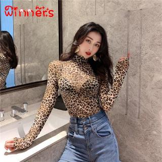 Áo lưới cao cổ dài tay dạng xuyên thấu hoạ tiết da báo quyến rũ dành cho nữ