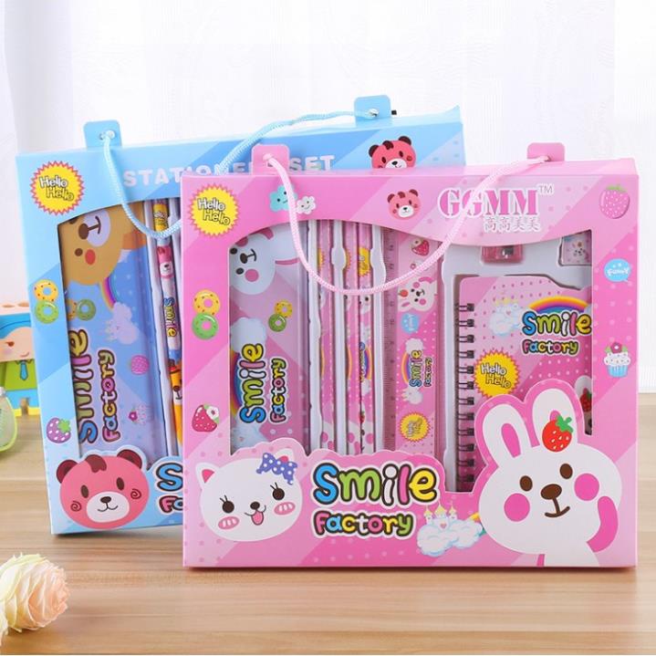 Bộ dụng cụ học tập 8 món hình mèo máy Doraemon bút chì, thước, tẩy, gọt bút chì, sổ viết
